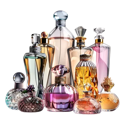 عکس دوربری مدل سه بعدی شیشه عطر با طراحی زیبا بر روی پس زمینه شفاف