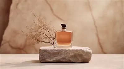 عکس تصویری زیبا از بطری عطر بر روی زمینه ای از سنگ های طبیعی