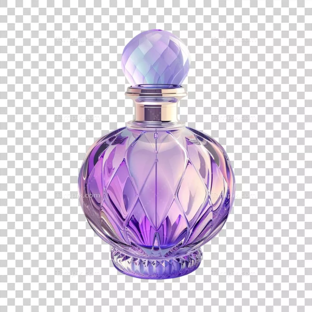 عکس دوربری بطری عطر بنفش زیبا بر روی پس زمینه شفاف و دلنشین