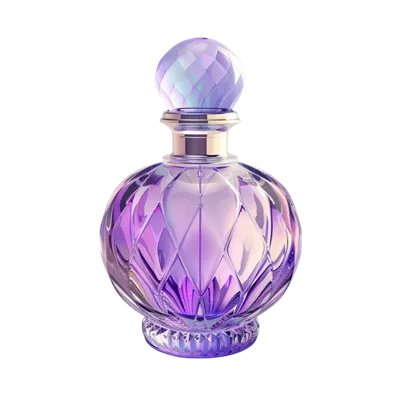 عکس دوربری بطری عطر بنفش زیبا بر روی پس زمینه شفاف و دلنشین
