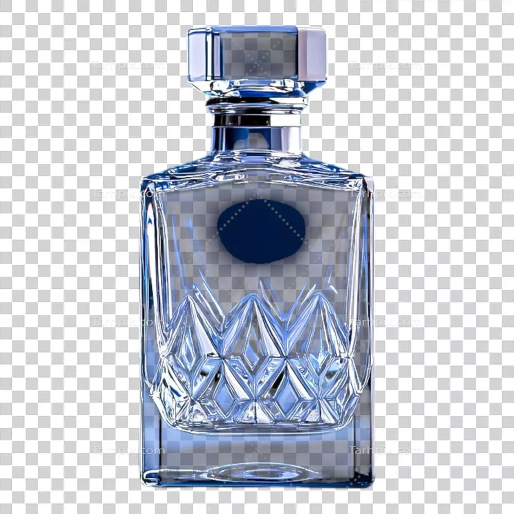 عکس دوربری بطری عطر شیشه ای آبی با طراحی کریستالی و درب زیبا و شیک