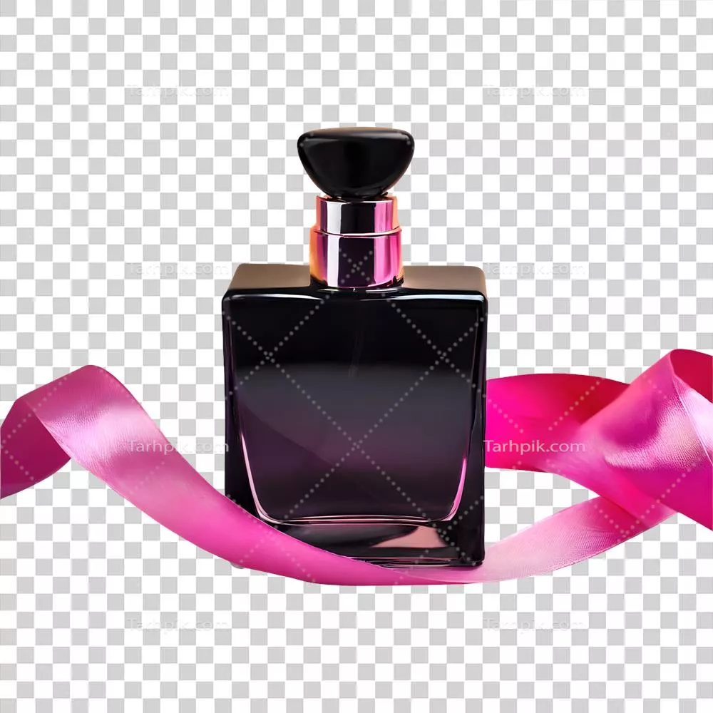 عکس دوربری بطری عطر شیشه ای مشکی با روبان صورتی در پس زمینه شفاف