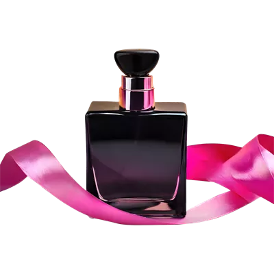 عکس دوربری بطری عطر شیشه ای مشکی با روبان صورتی در پس زمینه شفاف