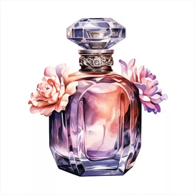 عکس تصویری زیبا از بطری عطر با طراحی آبرنگ و گل های رنگارنگ