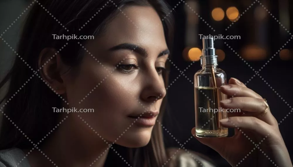 عکس زنی جوان که بطری عطر تازه را در دست دارد و به زیبایی می خندد