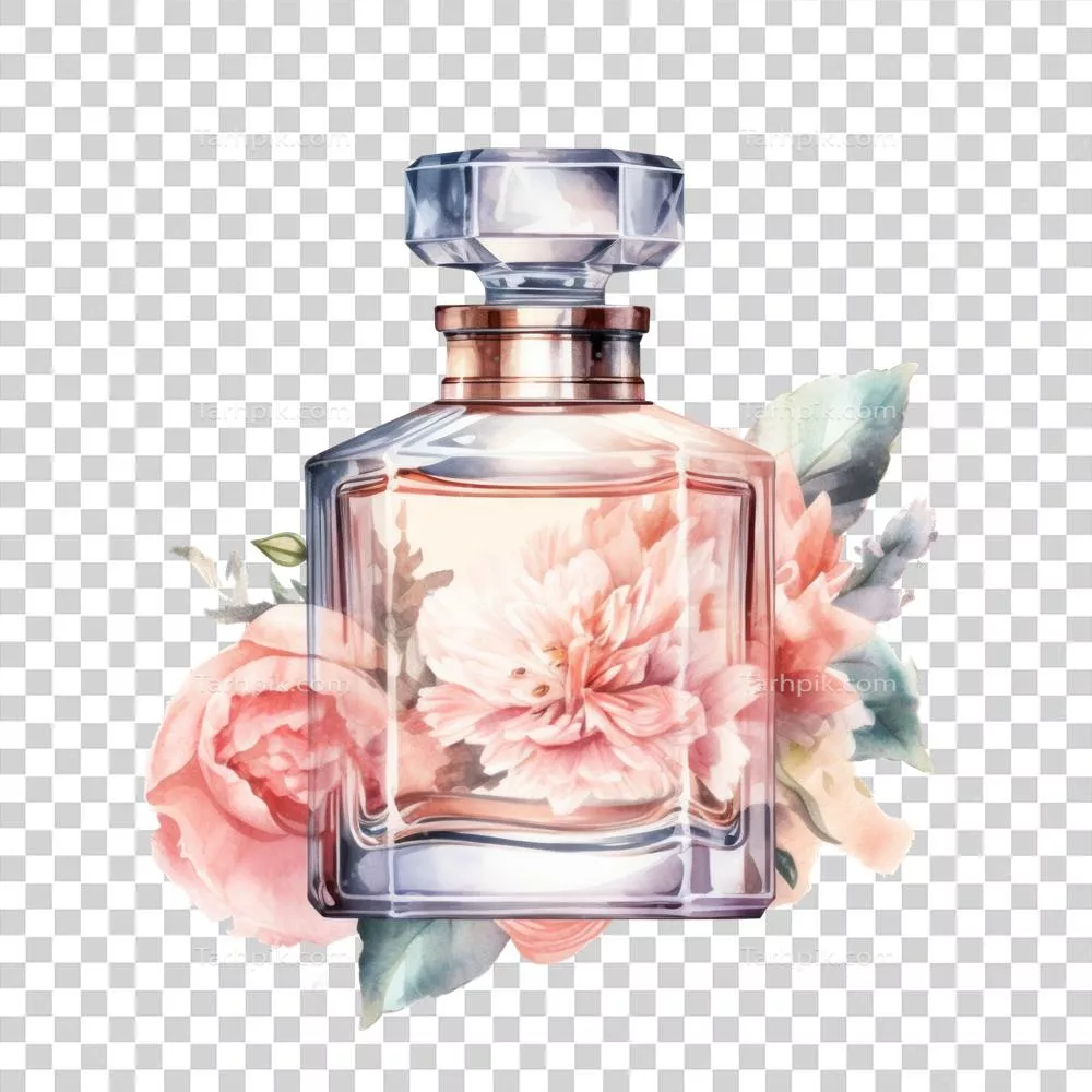 عکس دوربری تصویری زیبا از بطری عطر با طراحی آبرنگ و گل های رنگارنگ