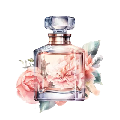 عکس دوربری تصویری زیبا از بطری عطر با طراحی آبرنگ و گل های رنگارنگ