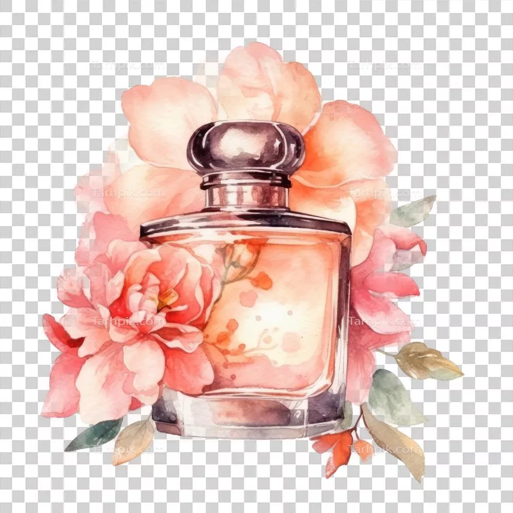 عکس دوربری عطر آبرنگی با گل های زیبا و طراحی خلاقانه به سبک هوش مصنوعی