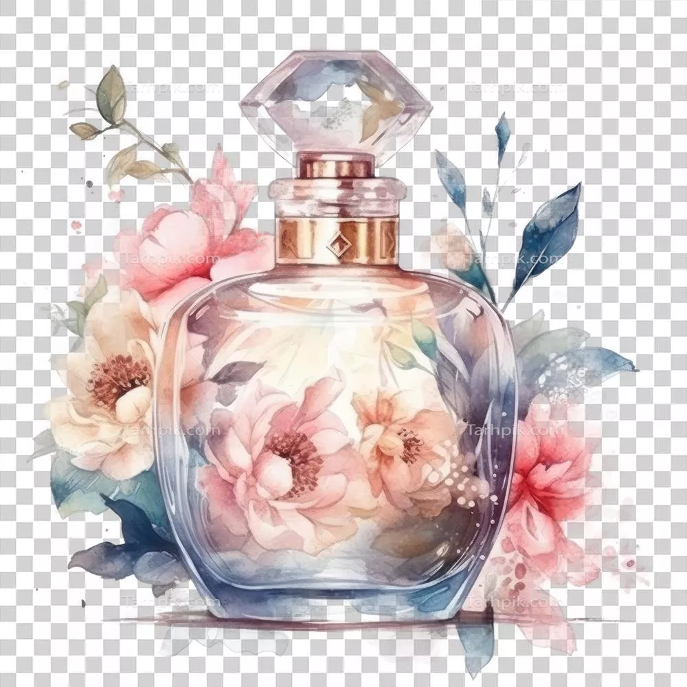 عکس دوربری عطر آبرنگی با گل های زیبا و طراحی خلاقانه به سبک هوش مصنوعی