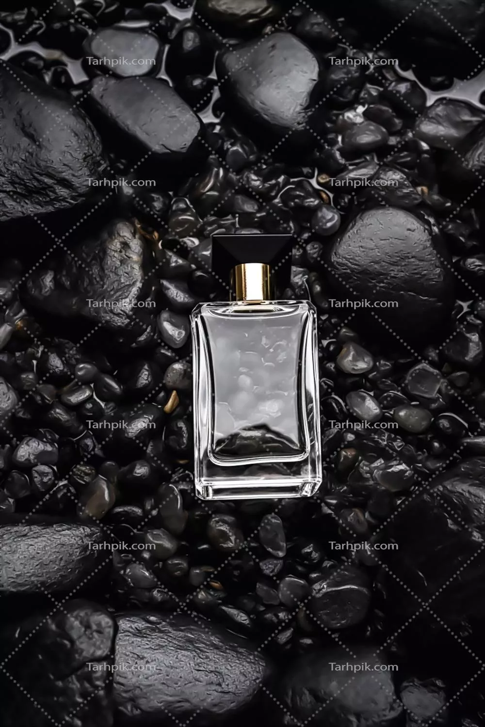 عکس بطری عطر شیک و مدرن با طراحی شیشه ای در میان سنگ های سیاه در باران