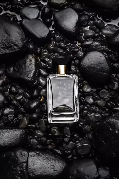 عکس بطری عطر شیک و مدرن با طراحی شیشه ای در میان سنگ های سیاه در باران