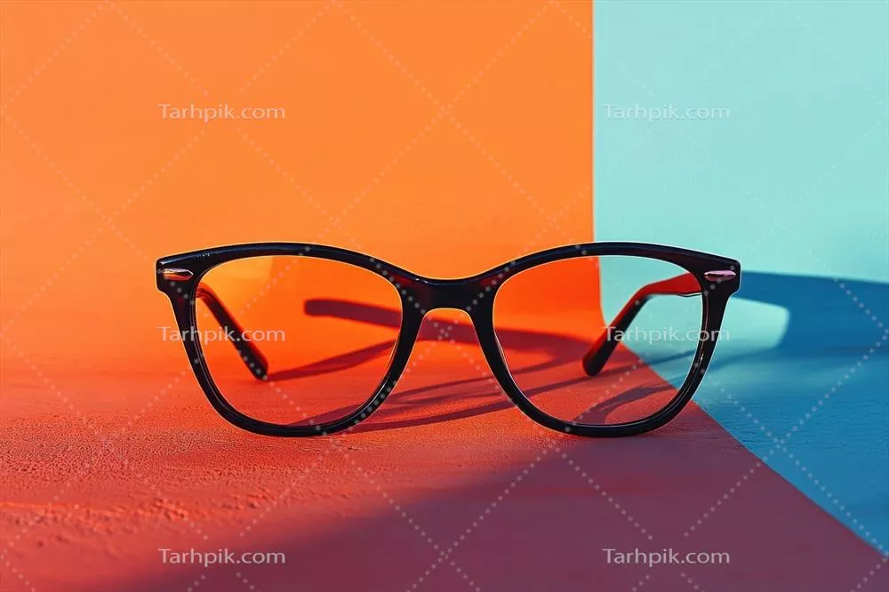 عکس عینک های مشکی شیک بر روی پس زمینه ای زنده و مدرن با طراحی مینیمالیستی