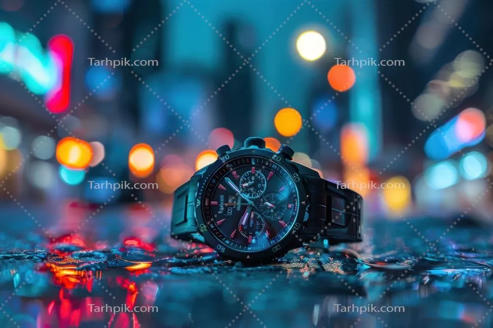 عکس نمایی نزدیک از یک ساعت شیک بر روی خیابان مرطوب در شب با نورهای شهری رنگارنگ