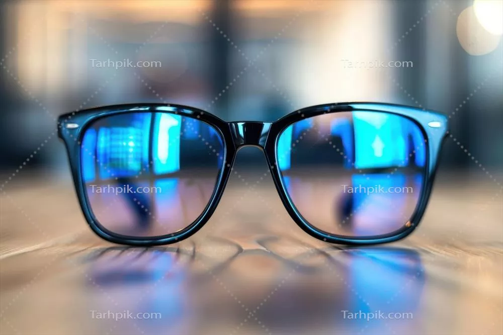 عکس عینک آفتابی مشکی شیک با لنزهای آبی در یک محیط مدرن و چوبی