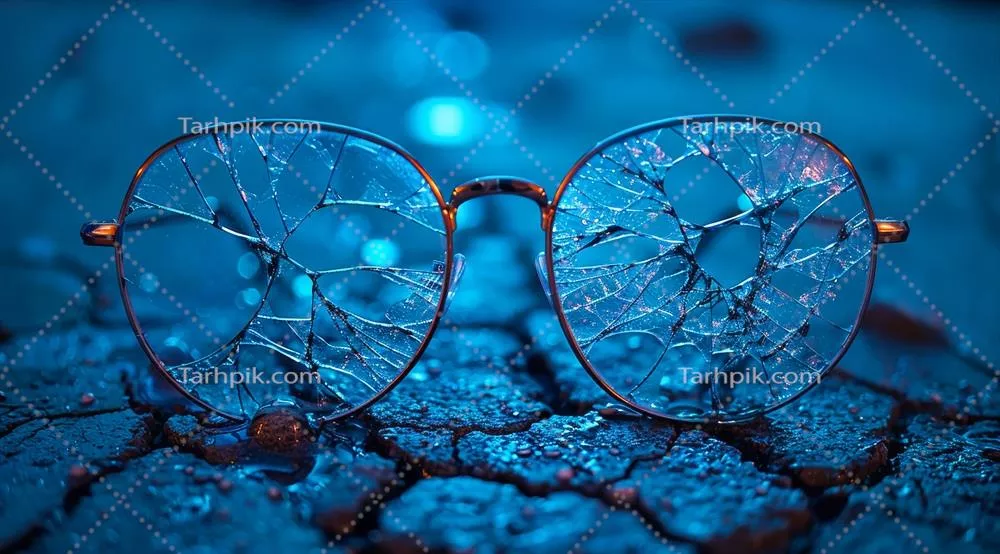 عکس شکستگی عینک بر روی سطح ترک خورده با نور آبی زیبا