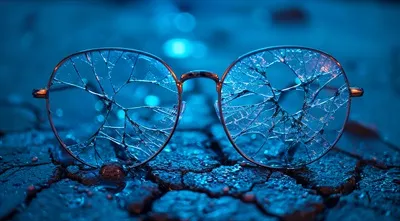 عکس شکستگی عینک بر روی سطح ترک خورده با نور آبی زیبا