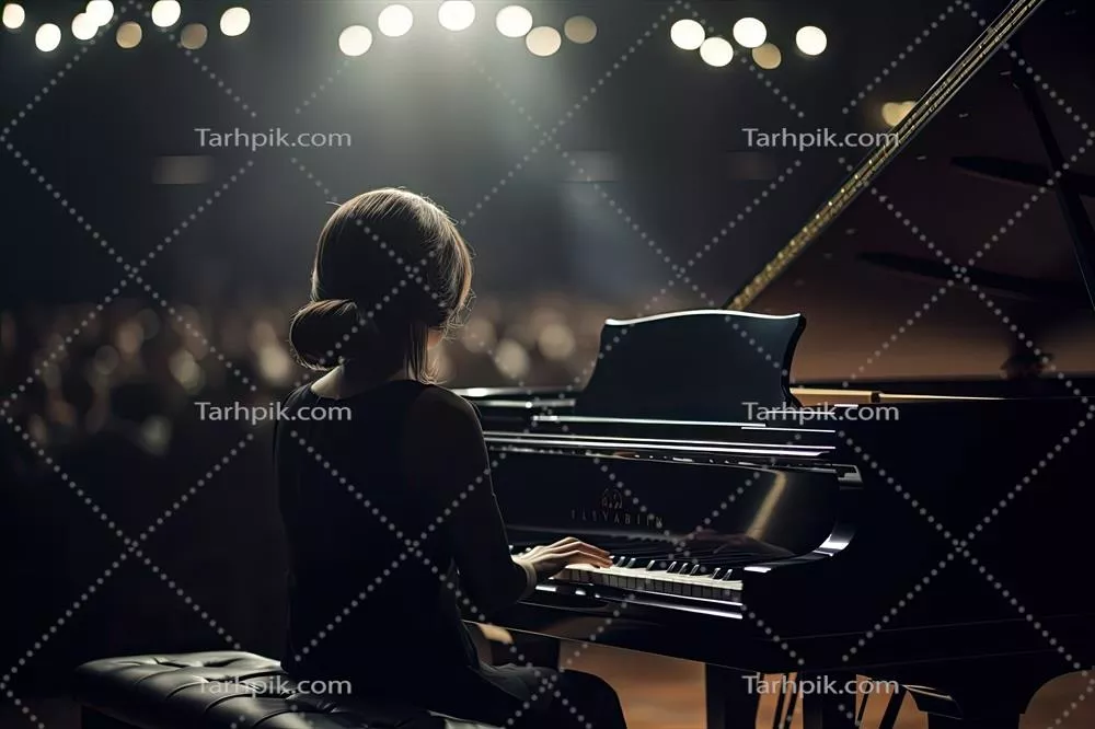 عکس زنی جوان با شور و اشتیاق در حال نواختن پیانو در یک سالن کنسرت