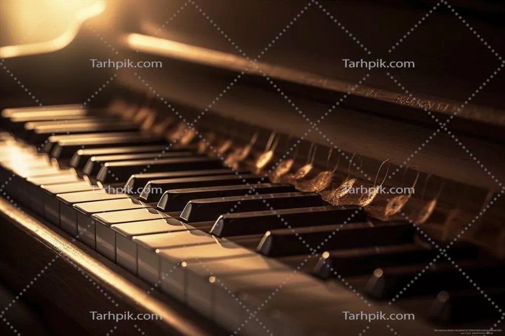 عکس تصویری زیبا از کلیدهای پیانو در نور طلایی غروب با استفاده از هوش مصنوعی
