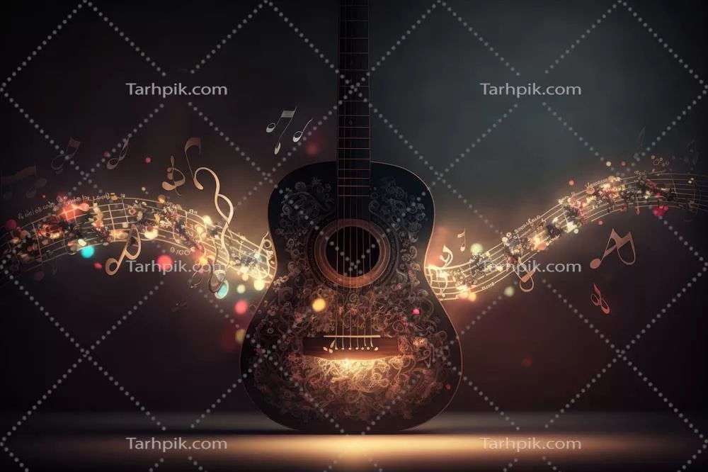 عکس پس زمینه ای شاد و رنگارنگ با گیتار و نت های موسیقی به صورت تصویرسازی