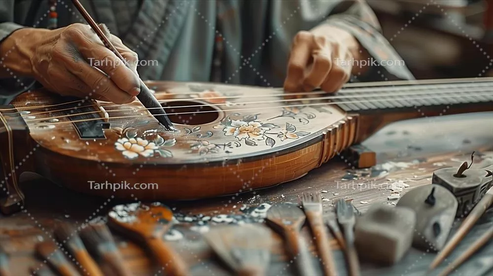 عکس یک فرد در حال کار بر روی گیتار با جعبه چوبی زیبا
