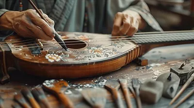 عکس یک فرد در حال کار بر روی گیتار با جعبه چوبی زیبا