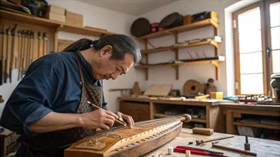 عکس مردی که در کارگاه خود بر روی یک ساز چوبی کار می کند
