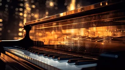 عکس نمایی نزدیک از یک پیانو قدیمی با طراحی زیبا و منحصر به فرد