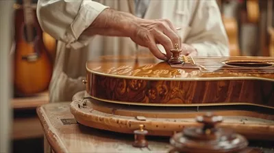 عکس مردی در حال ساخت و تعمیر گیتار در کارگاه هنری خود