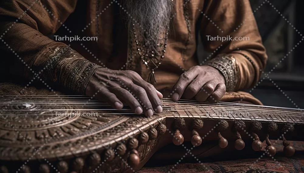 عکس مردی که با مهارت خود بر روی گیتار چوبی نواختن می کند