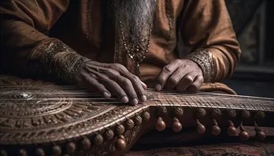 عکس مردی که با مهارت خود بر روی گیتار چوبی نواختن می کند