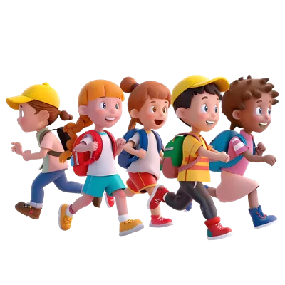 عکس دوربری شخصیت های کارتونی سه بعدی دانش آموزان در حال دویدن به سمت مدرسه