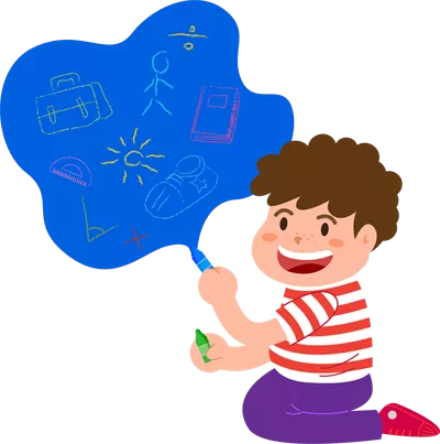 عکس دوربری شخصیت کارتونی کودک در حال خواندن و نقاشی با رنگ های شاد