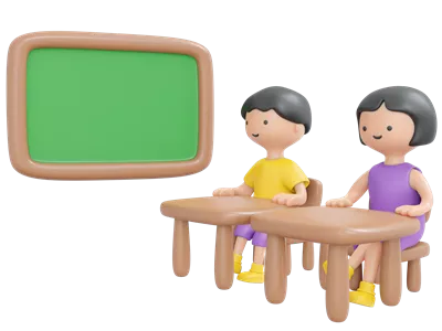 عکس دوربری تصویری از دو کودک شاد در حال مطالعه در کلاس درس با طراحی کارتونی