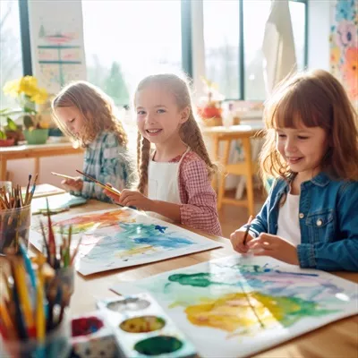 عکس کودکان در حال نقاشی با رنگ های آبی و زرد در کلاس درس