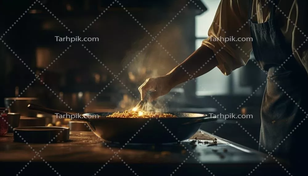 عکس آشپزی یک نفره: تهیه وعده غذایی سالم در آشپزخانه خانگی با مواد اولیه هوش مصنوعی
