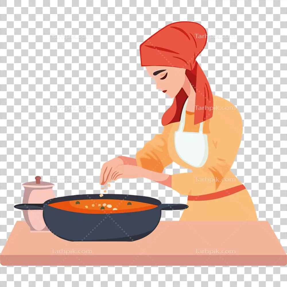عکس دوربری زنی در پیشبند در حال پخت غذا در تابه با دقت و عشق