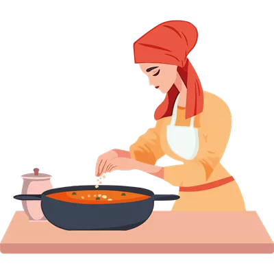 عکس دوربری زنی در پیشبند در حال پخت غذا در تابه با دقت و عشق