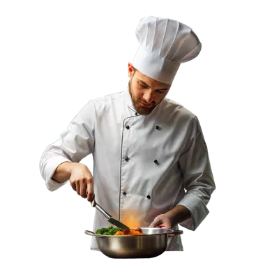 عکس دوربری آشپز در حال آماده سازی یک غذا که نماد مهارت های آشپزی و کار در آشپزخانه حرفه ای است
