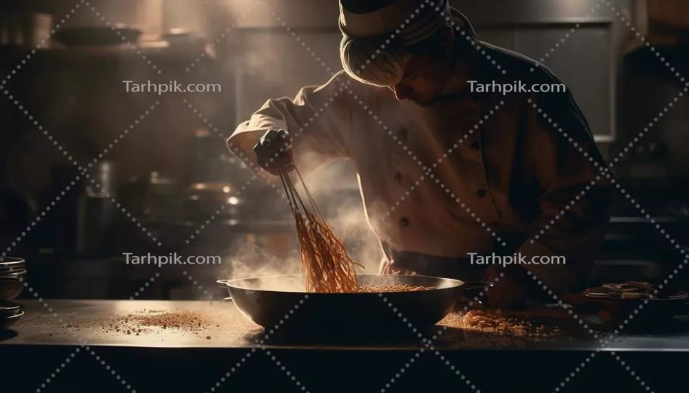عکس آشپزی یک نفره در آشپزخانه تجاری: آماده سازی غذا با خلاقیت