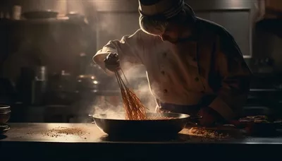 عکس آشپزی یک نفره در آشپزخانه تجاری: آماده سازی غذا با خلاقیت