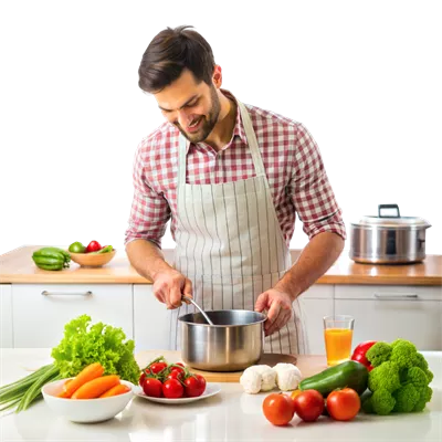عکس دوربری مردی در حال پخت و پز در آشپزخانه با انواع سبزیجات و میوه ها