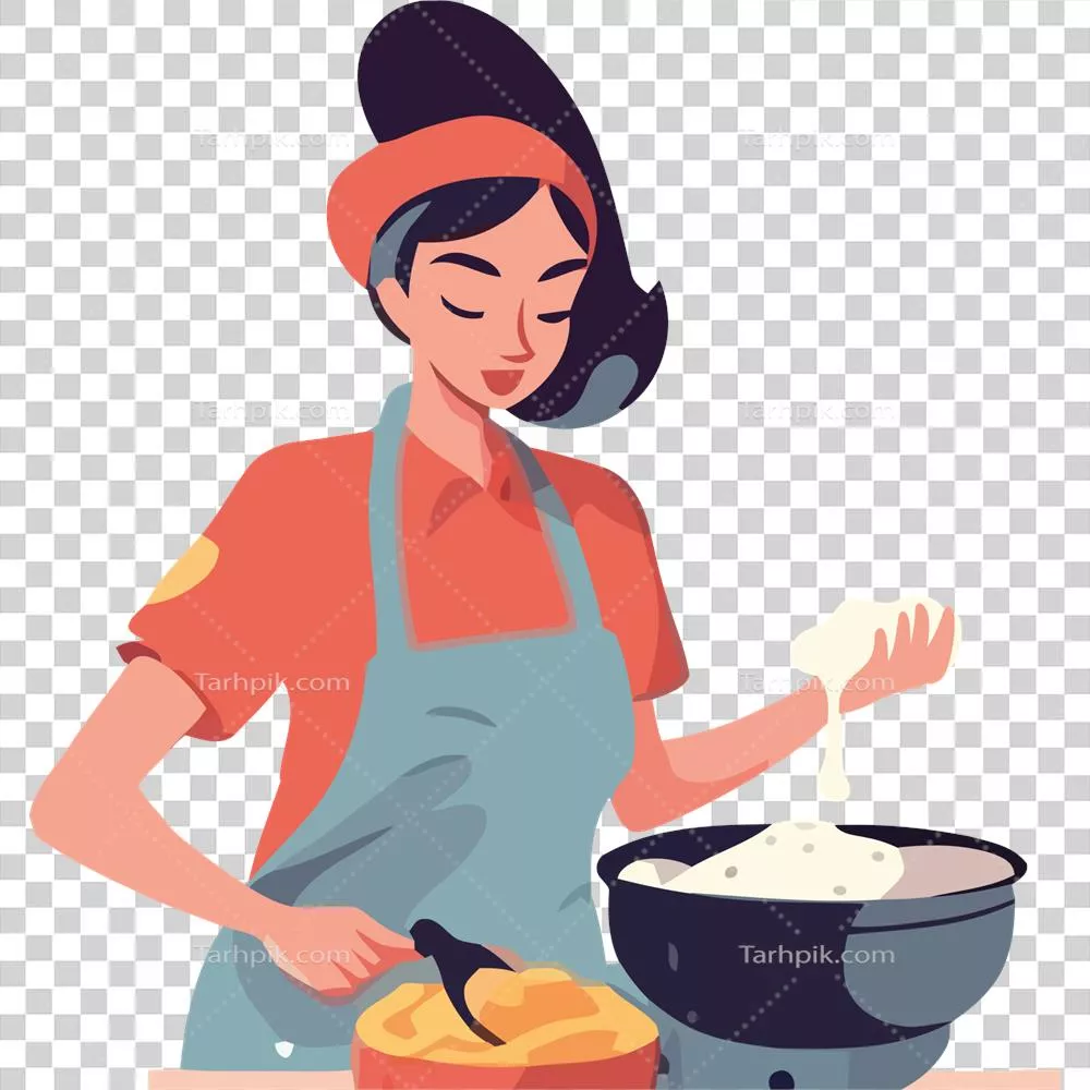 عکس دوربری زنی در حال پخت غذا در تابه با استفاده از مواد تازه و خوشمزه