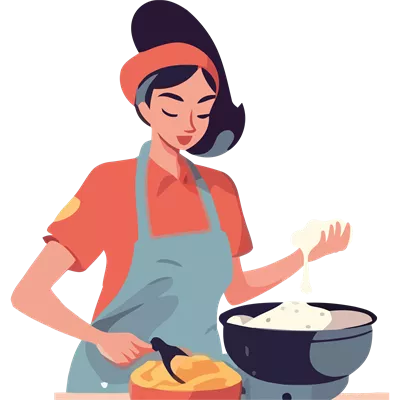 عکس دوربری زنی در حال پخت غذا در تابه با استفاده از مواد تازه و خوشمزه
