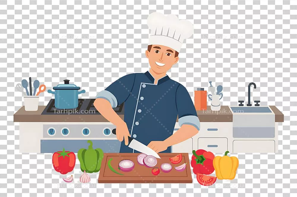 عکس دوربری تصویر زیبا و جذاب از یک سرآشپز در حال پخت و پز غذاهای خوشمزه