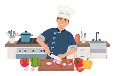 عکس دوربری تصویر زیبا و جذاب از یک سرآشپز در حال پخت و پز غذاهای خوشمزه