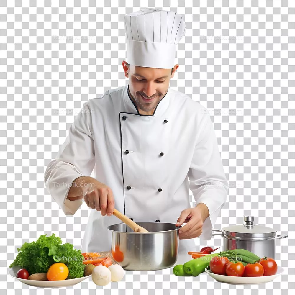 عکس دوربری سرآشپز مرد در لباس سفید در حال آماده سازی یک غذا با سبزیجات تازه