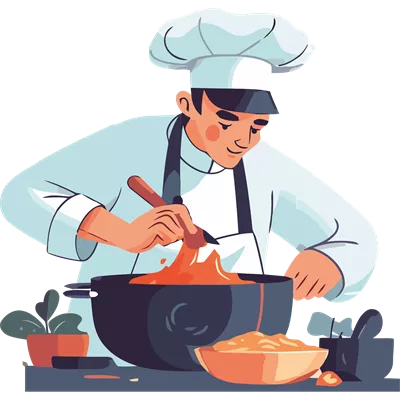 عکس دوربری آشپز ماهر در حال تهیه غذا در قابلمه با استفاده از مواد تازه