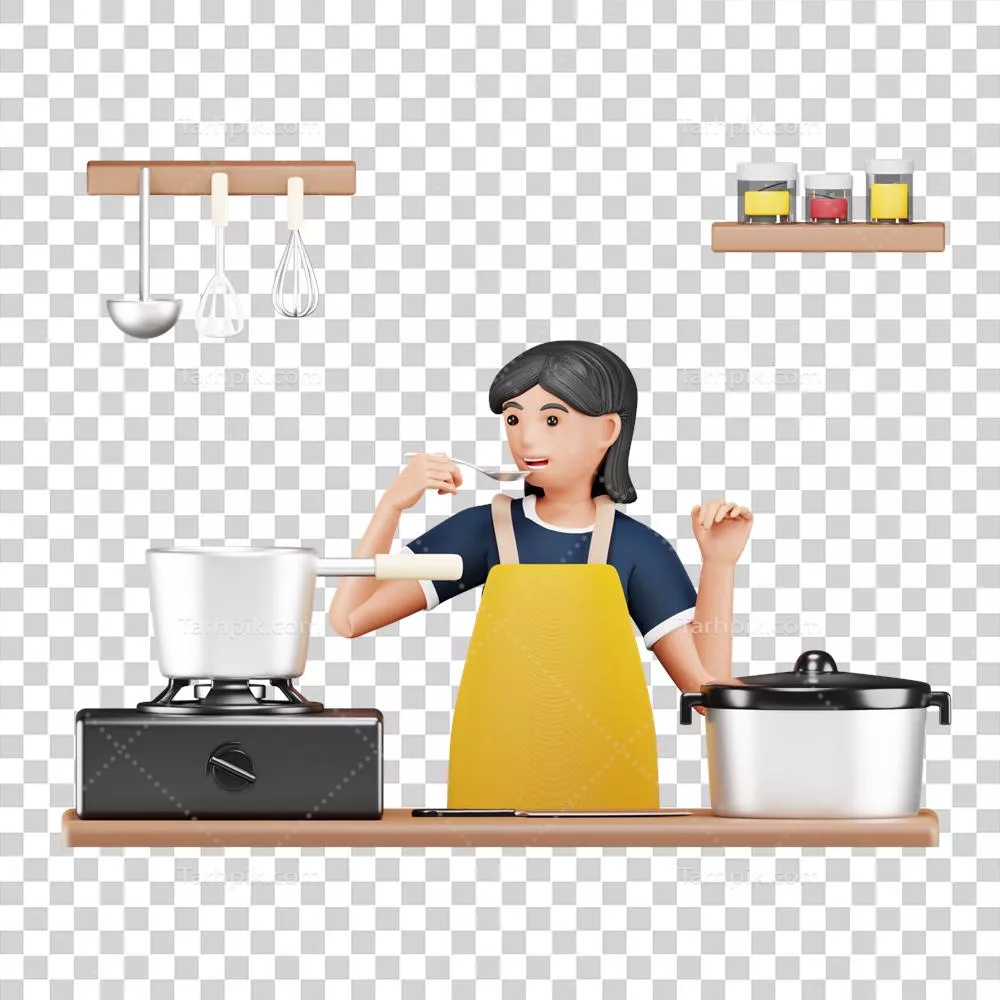 عکس دوربری تصویری جذاب از یک زن 3D در حال آشپزی در آشپزخانه به سبک کارتون