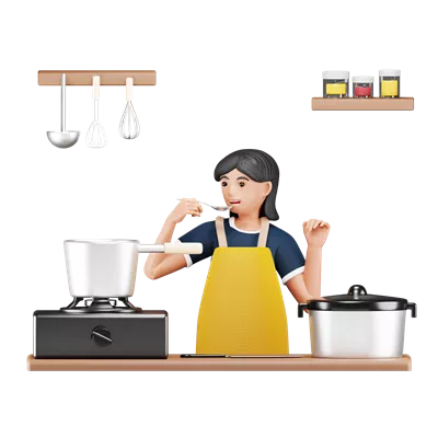 عکس دوربری تصویری جذاب از یک زن 3D در حال آشپزی در آشپزخانه به سبک کارتون