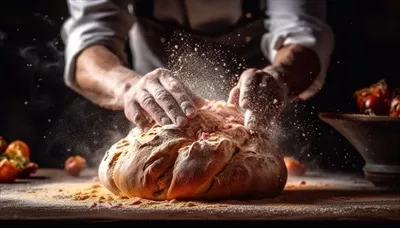 عکس خمیر نان خانگی ورز داده شده بر روی میز چوبی با طراحی هوش مصنوعی